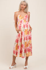 Coral Multi Floral Print Ruched Shoulder Tie Maternity Midi Dress