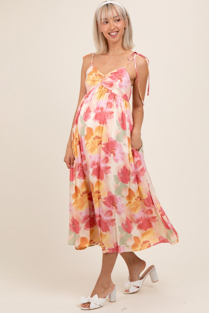 Coral Multi Floral Print Ruched Shoulder Tie Maternity Midi Dress