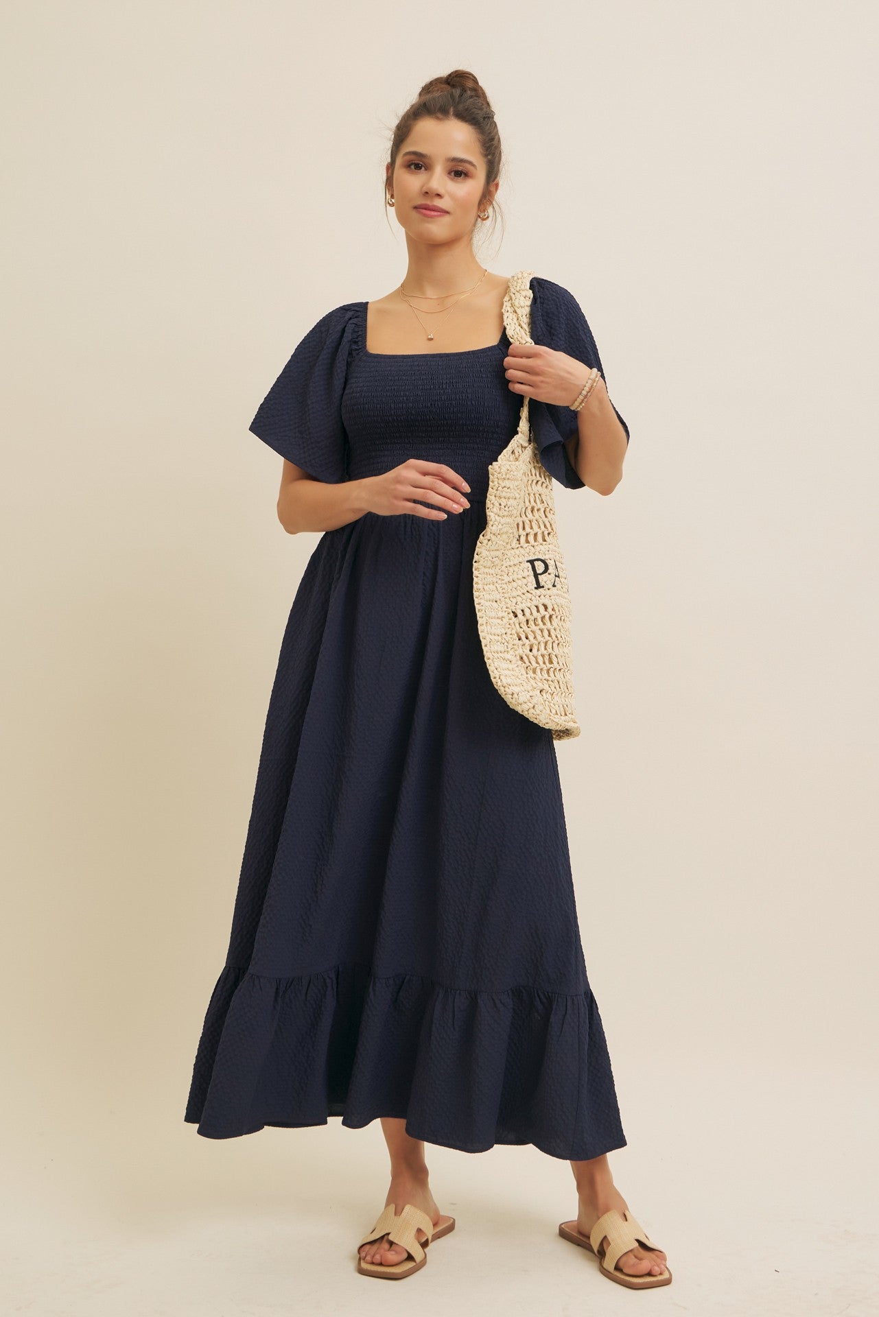 Navy Convertible Stretchy Smocked Maternity Maxi Dress