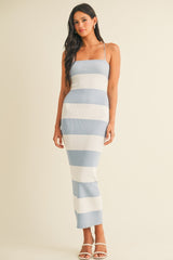 Light Blue Ivory Striped Back Lace Up Bodycon Maternity Maxi Dress