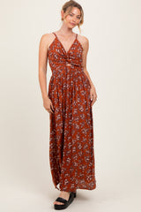 Rust Floral Twist Front Cutout Maxi Dress