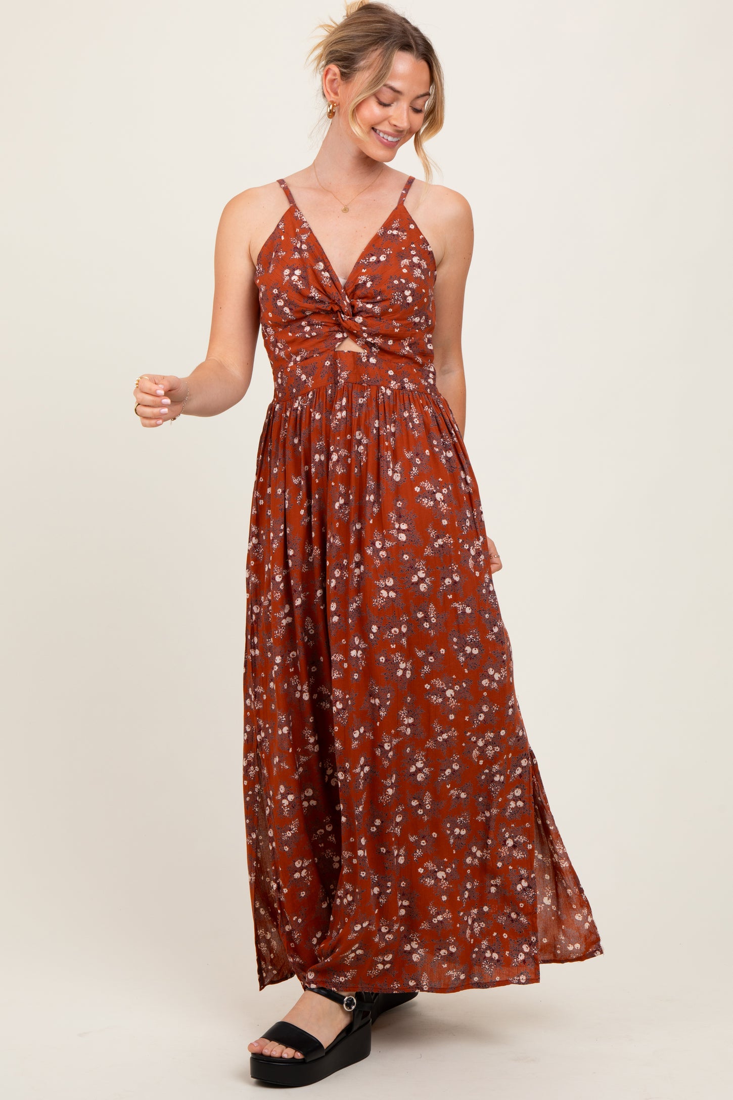 Rust Floral Twist Front Cutout Maternity Maxi Dress