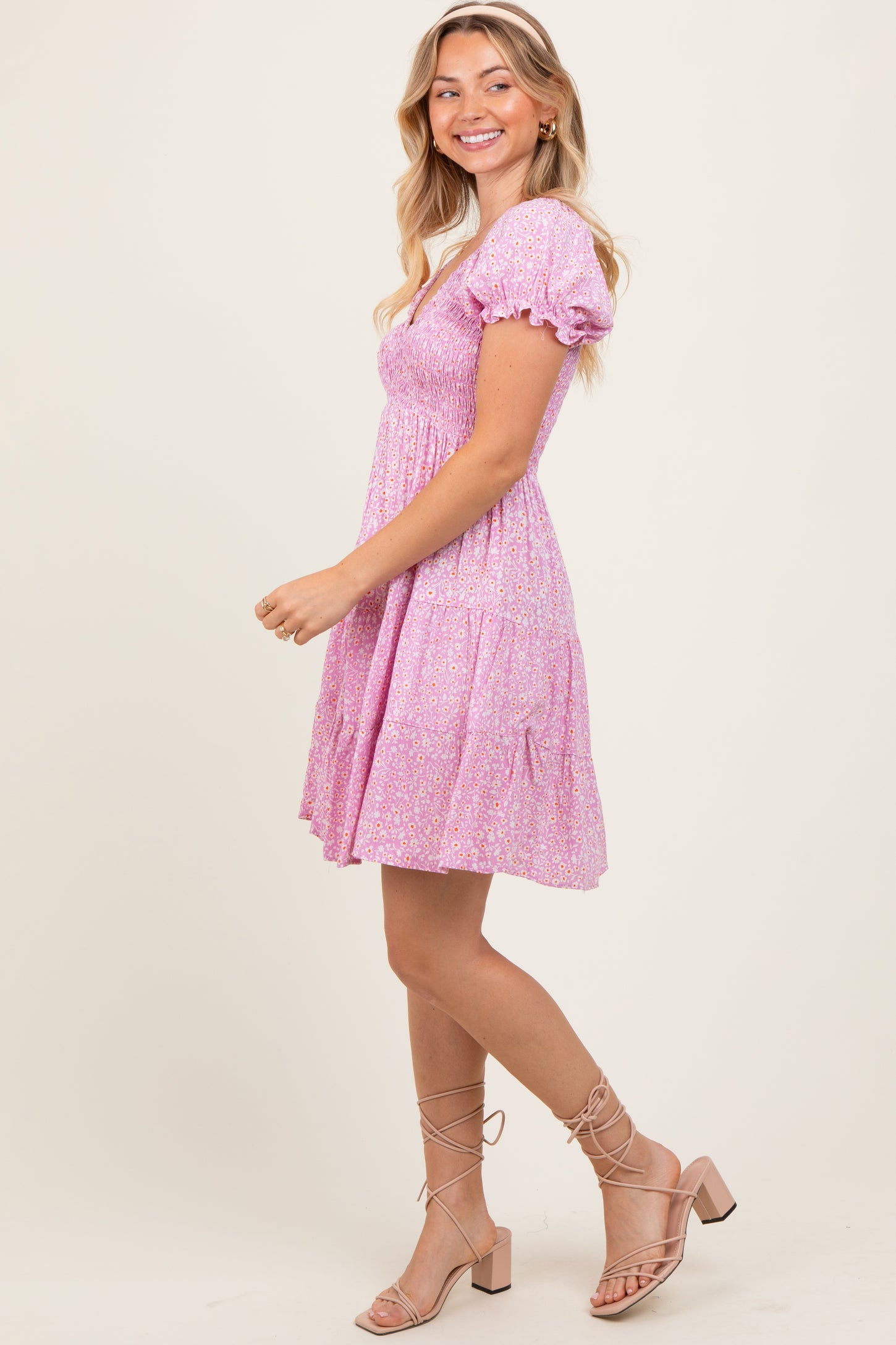 Light Pink Floral Smocked V-Neck Flutter Sleeve Dress