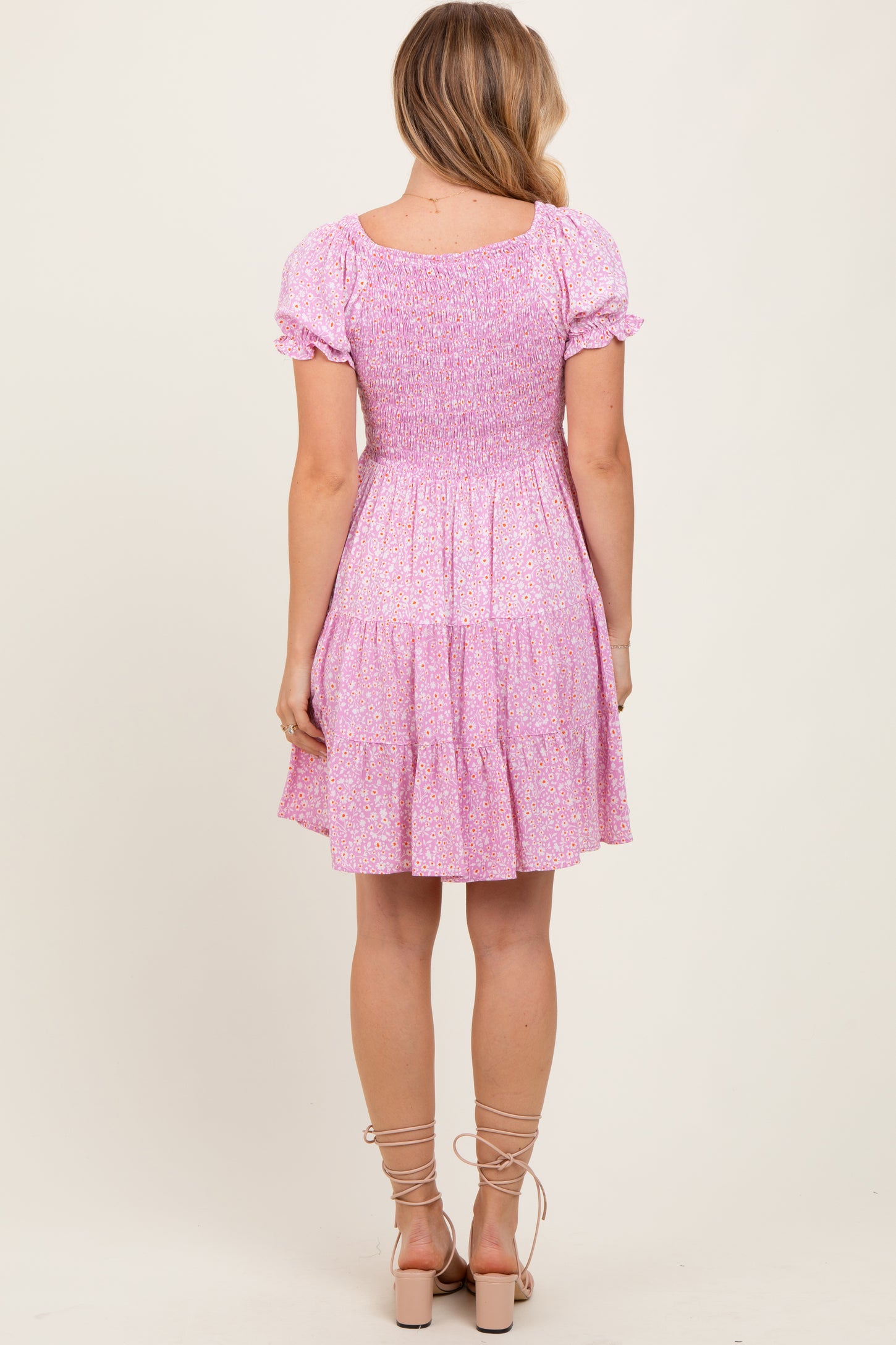 Light Pink Floral Smocked V-Neck Flutter Sleeve Dress