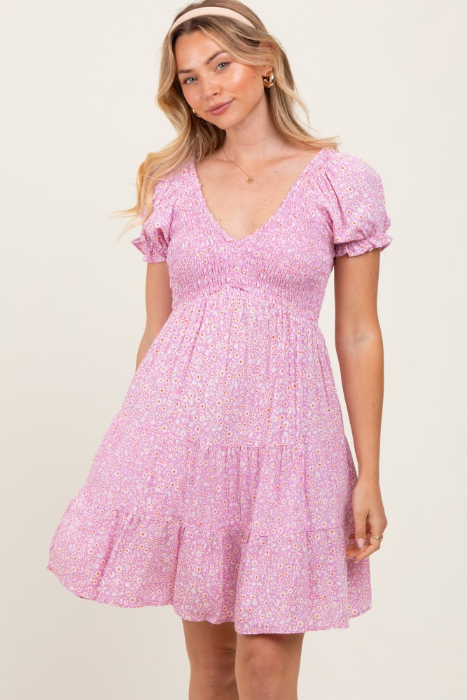 Light Pink Floral Smocked V-Neck Flutter Sleeve Maternity Dress