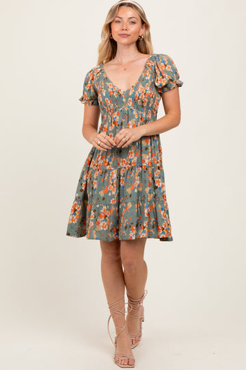 Olive Floral Smocked V-Neck Puff Sleeve Dress