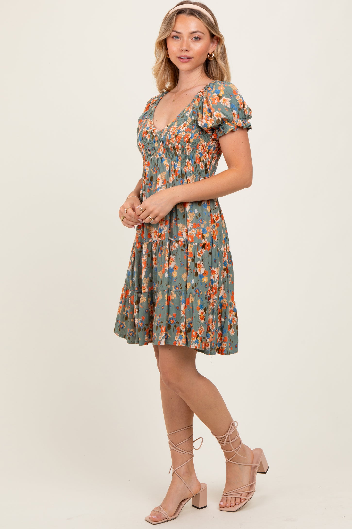 Olive Floral Smocked V-Neck Puff Sleeve Dress