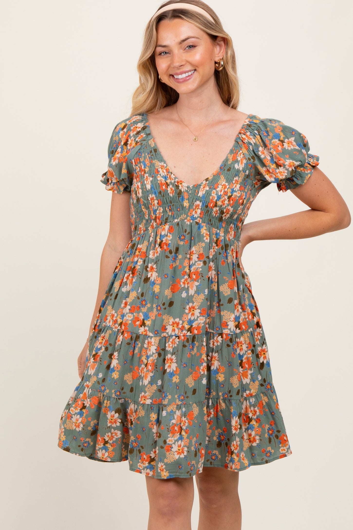 Olive Floral Smocked V-Neck Puff Sleeve Dress