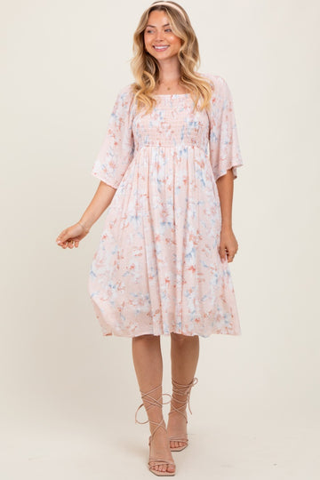 Peach Floral Smocked Midi Dress