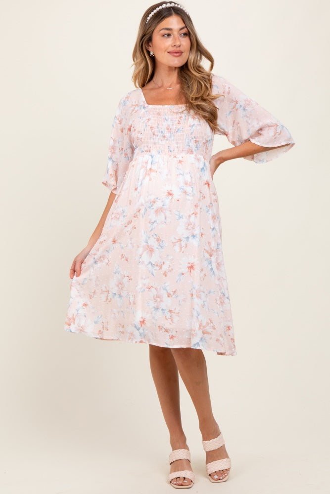 Peach Floral Smocked Maternity Midi Dress