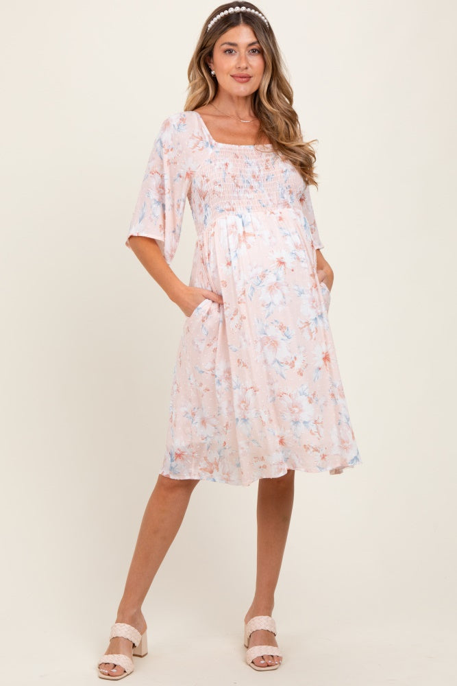 Peach Floral Smocked Maternity Midi Dress