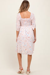 Peach Floral Smocked Maternity Midi Dress
