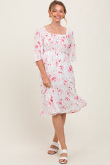 Pink Floral Smocked Midi Dress