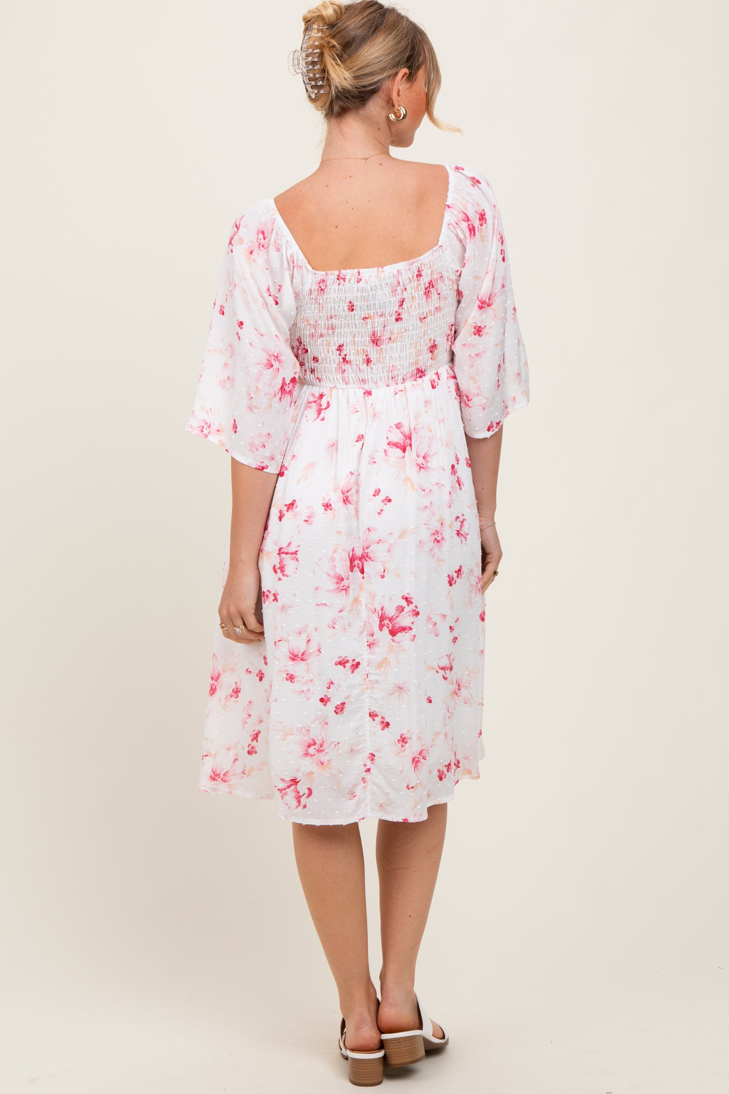 Pink Floral Smocked Midi Dress