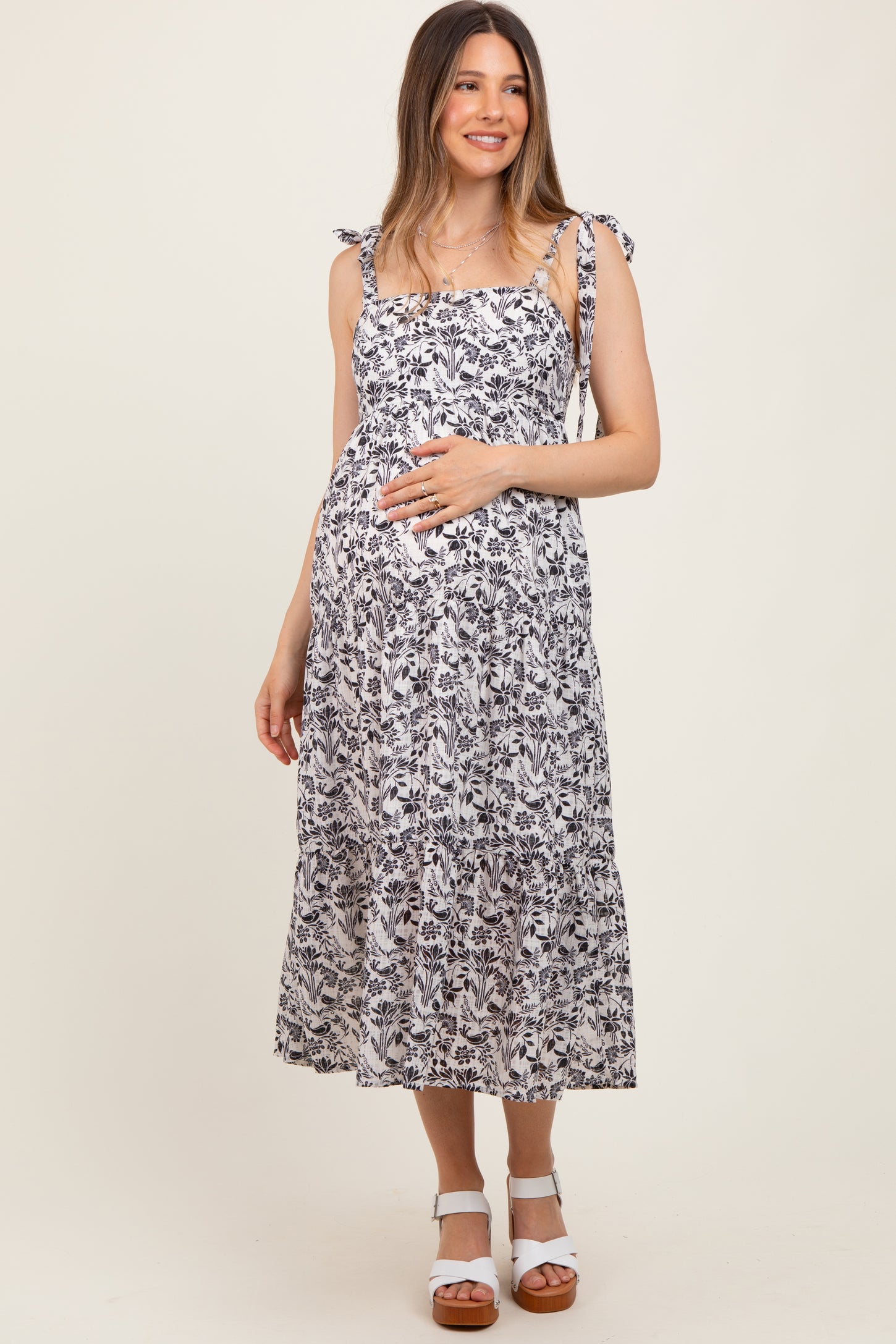 Black Multi Floral Tie Strap Maternity Maxi Dress