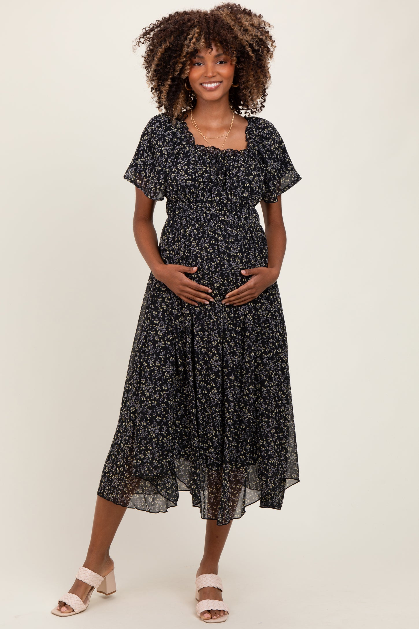 Black Floral Square Neck Front Tie Maternity Midi Dress