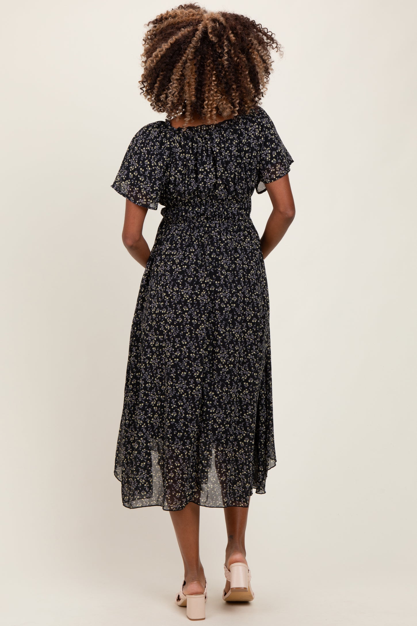 Black Floral Square Neck Front Tie Maternity Midi Dress