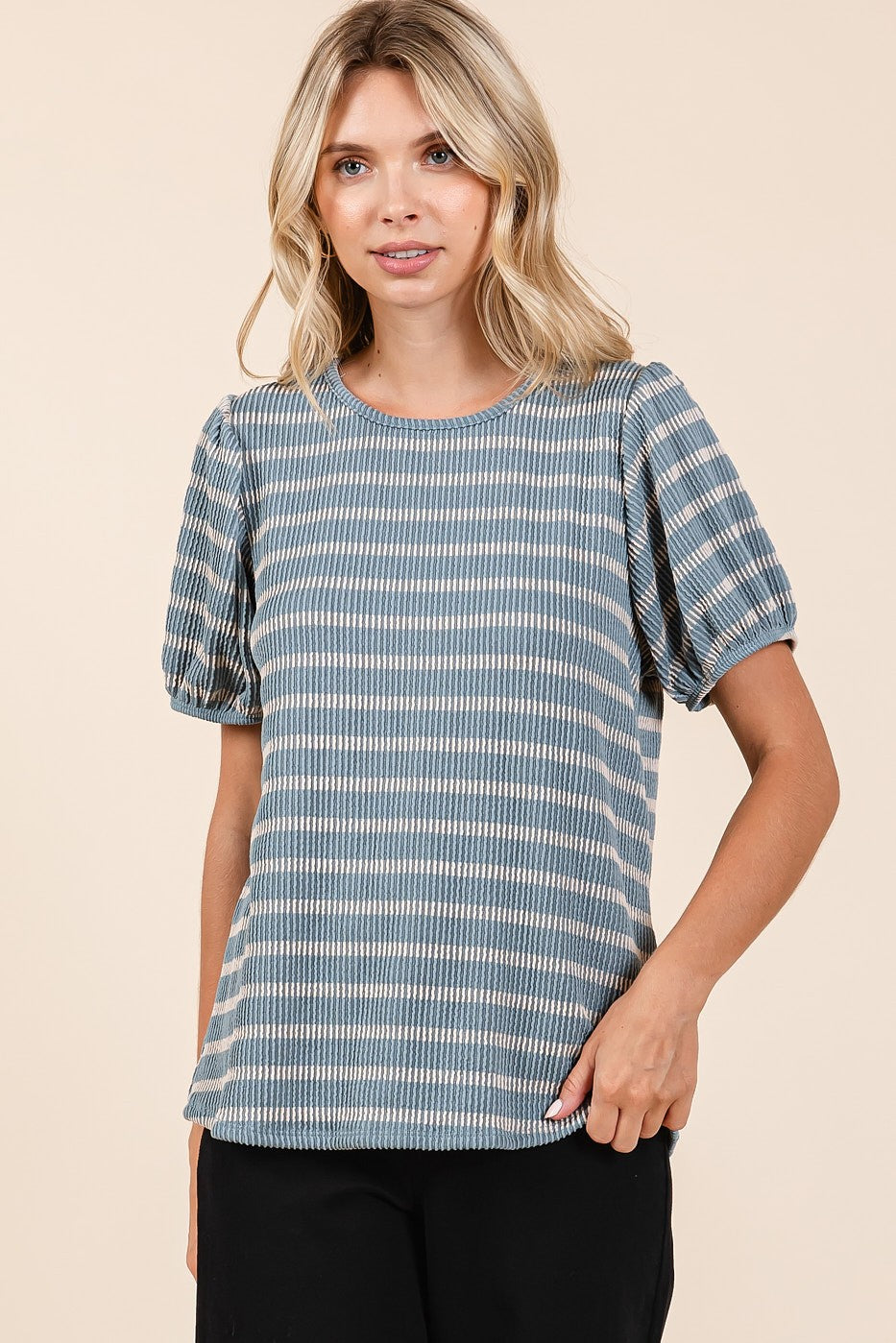 Blue Textured Knit Striped Puff Sleeve Top