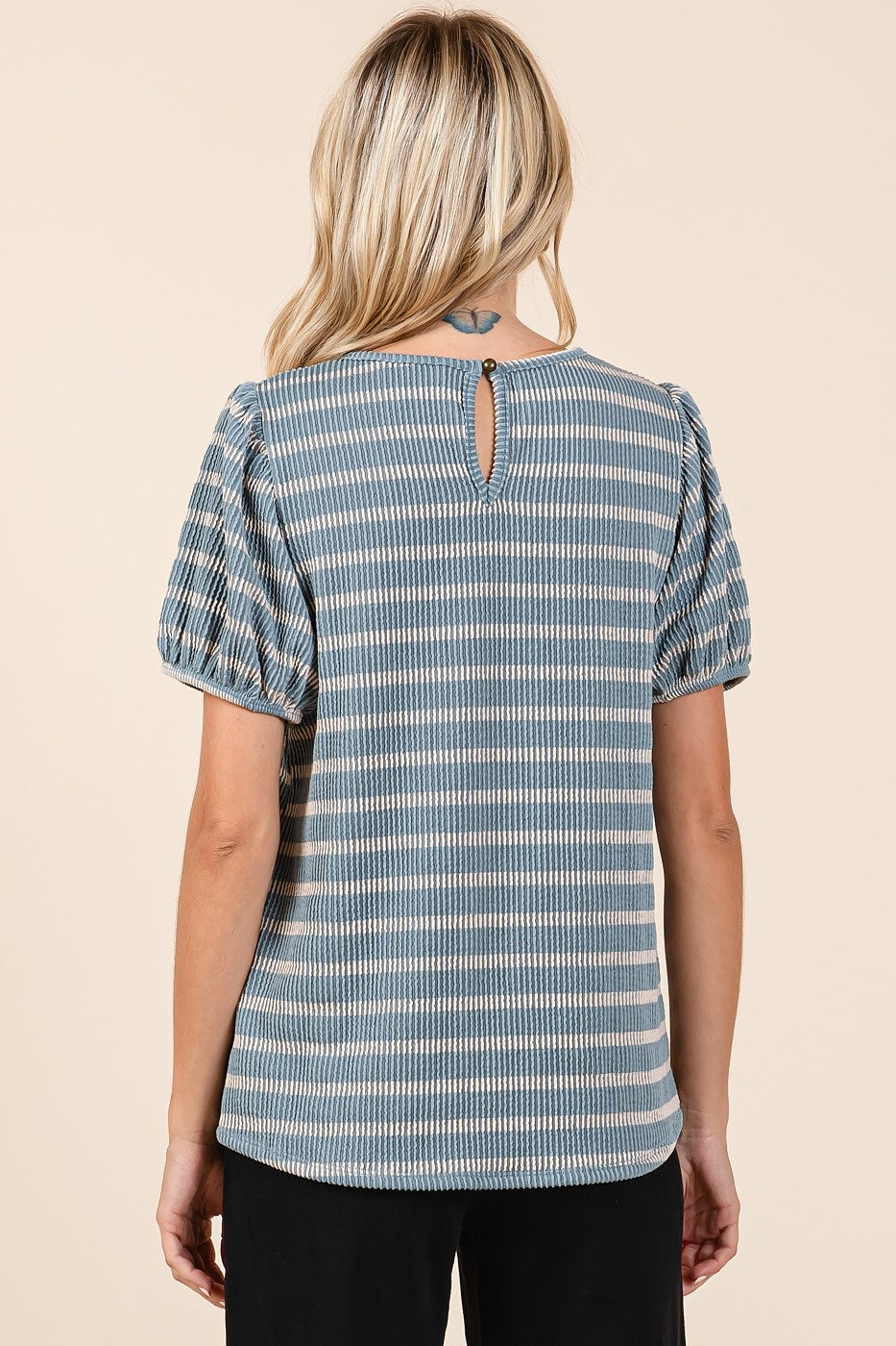 Blue Textured Knit Striped Puff Sleeve Top