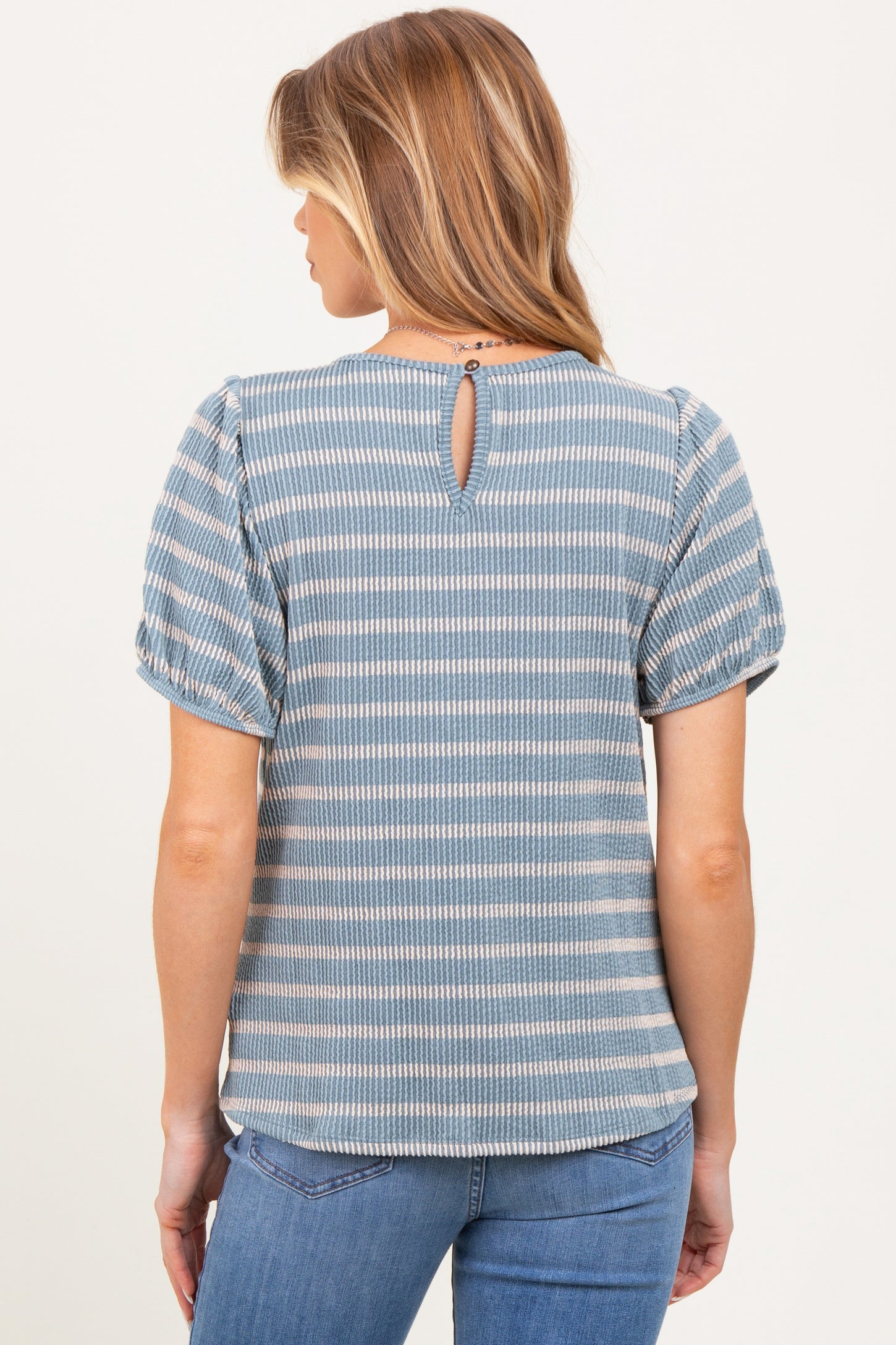 Blue Textured Knit Striped Puff Sleeve Maternity Top