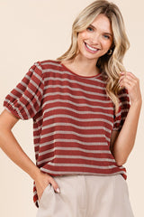 Rust Textured Knit Striped Puff Sleeve Top