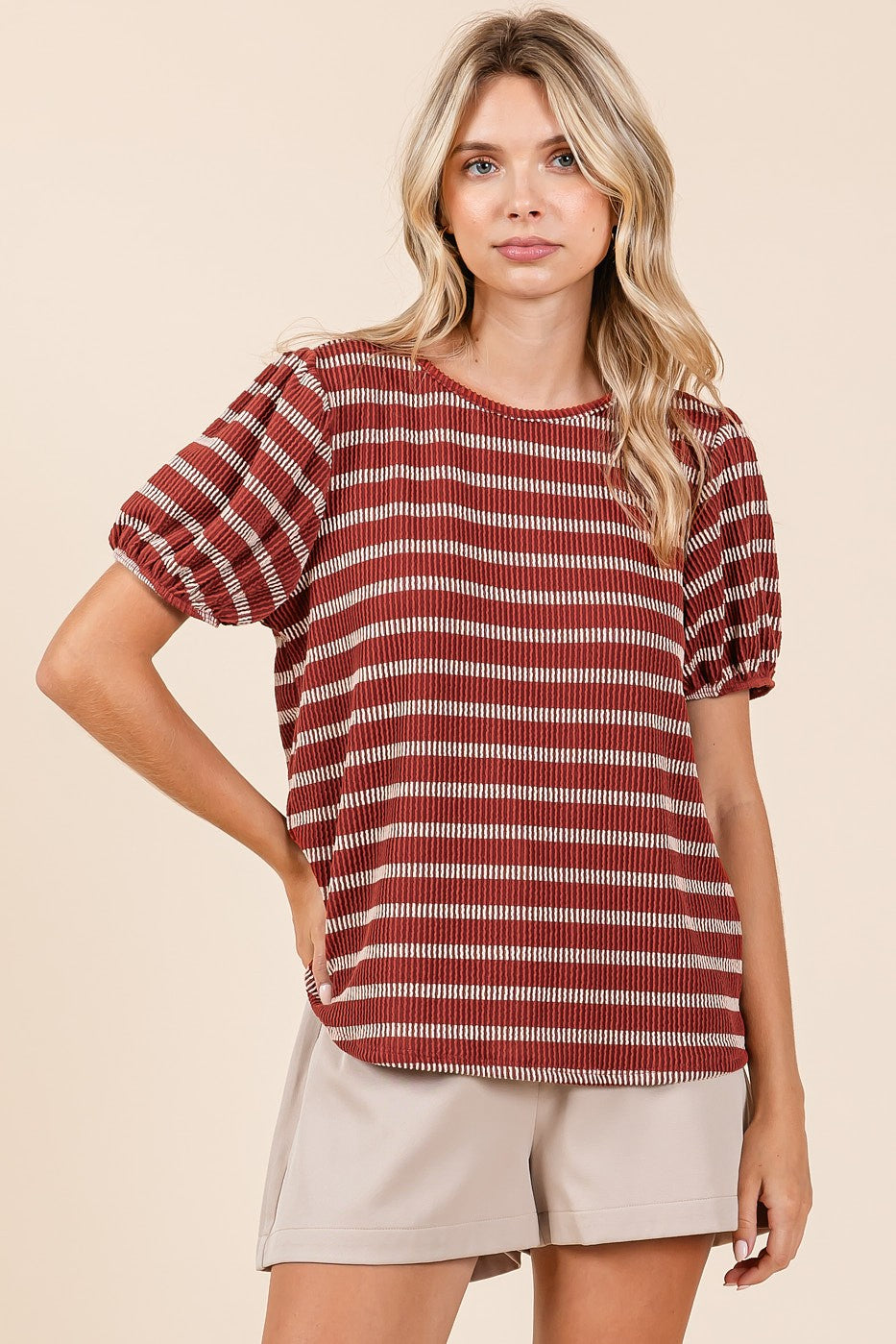 Rust Textured Knit Striped Puff Sleeve Top