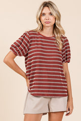 Rust Textured Knit Striped Puff Sleeve Top