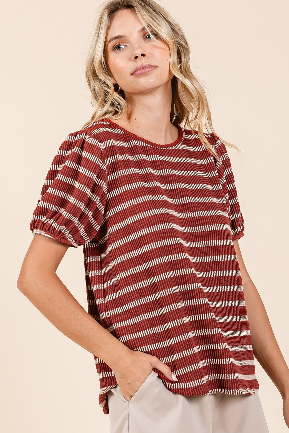 Rust Textured Knit Striped Puff Sleeve Top