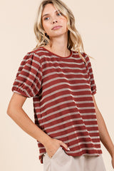 Rust Textured Knit Striped Puff Sleeve Top