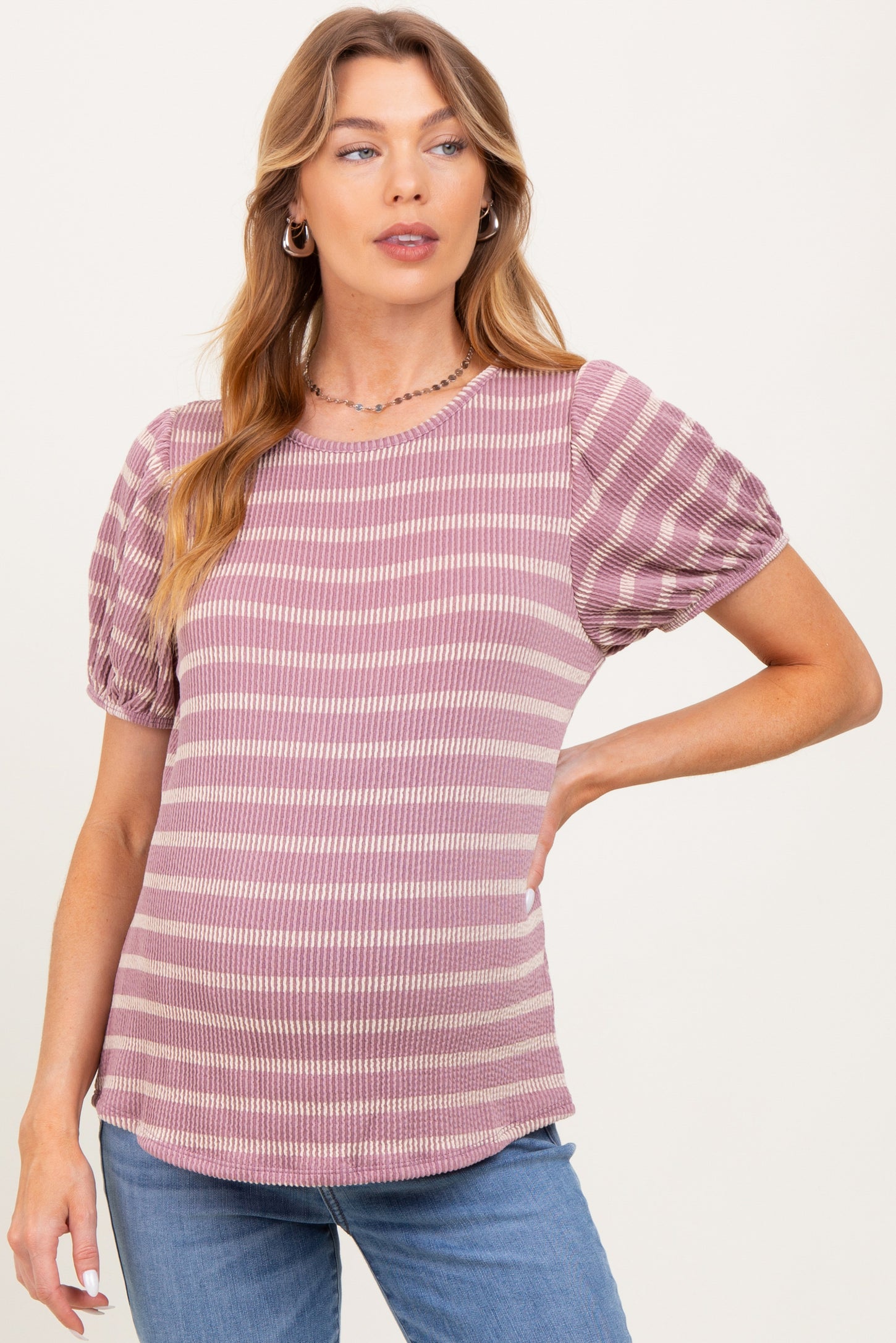 Pink Textured Knit Striped Puff Sleeve Maternity Top