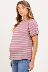 Pink Textured Knit Striped Puff Sleeve Maternity Top