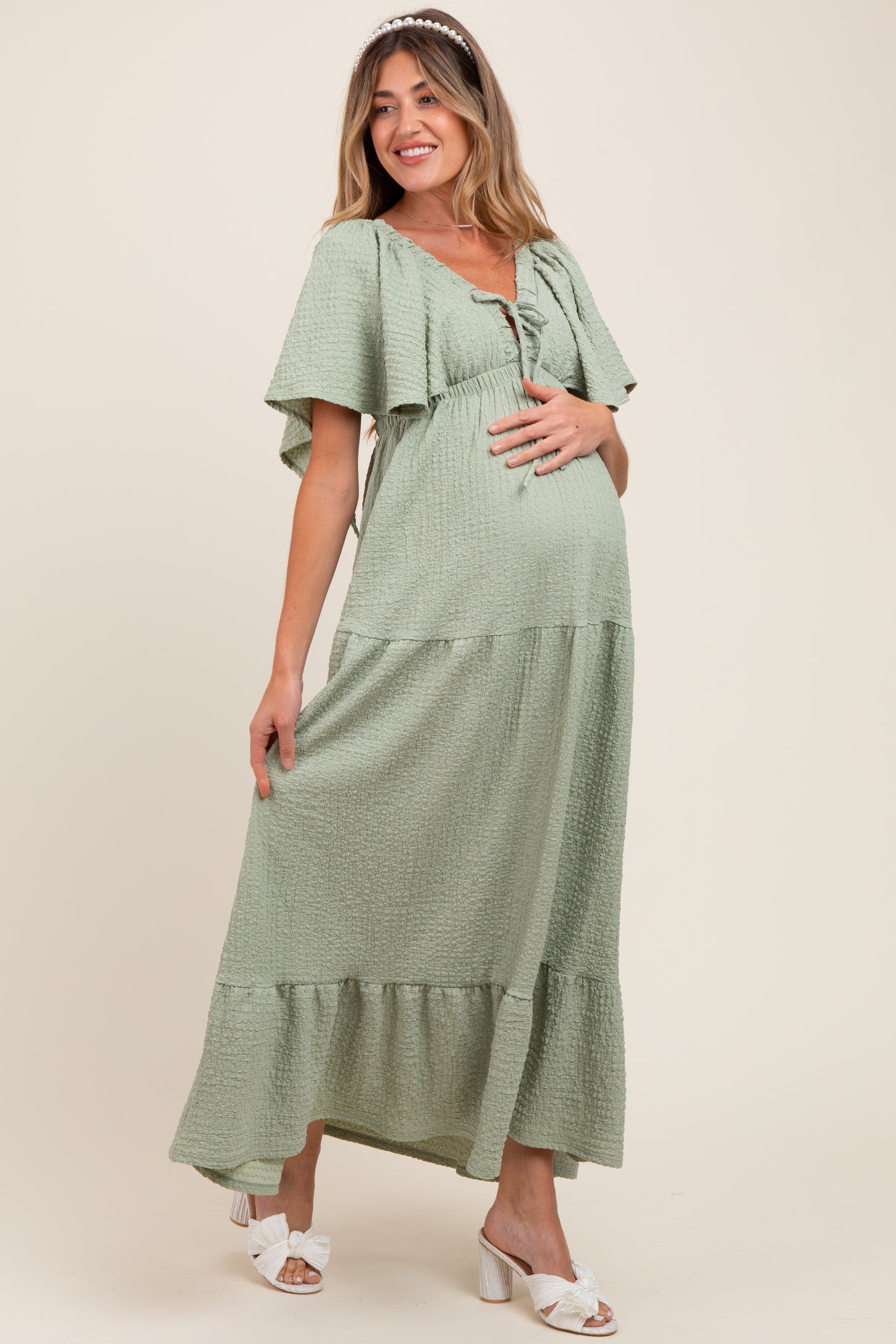 Sage Woven Textured Flutter Sleeve V-Neck Tiered Maternity Maxi Dress