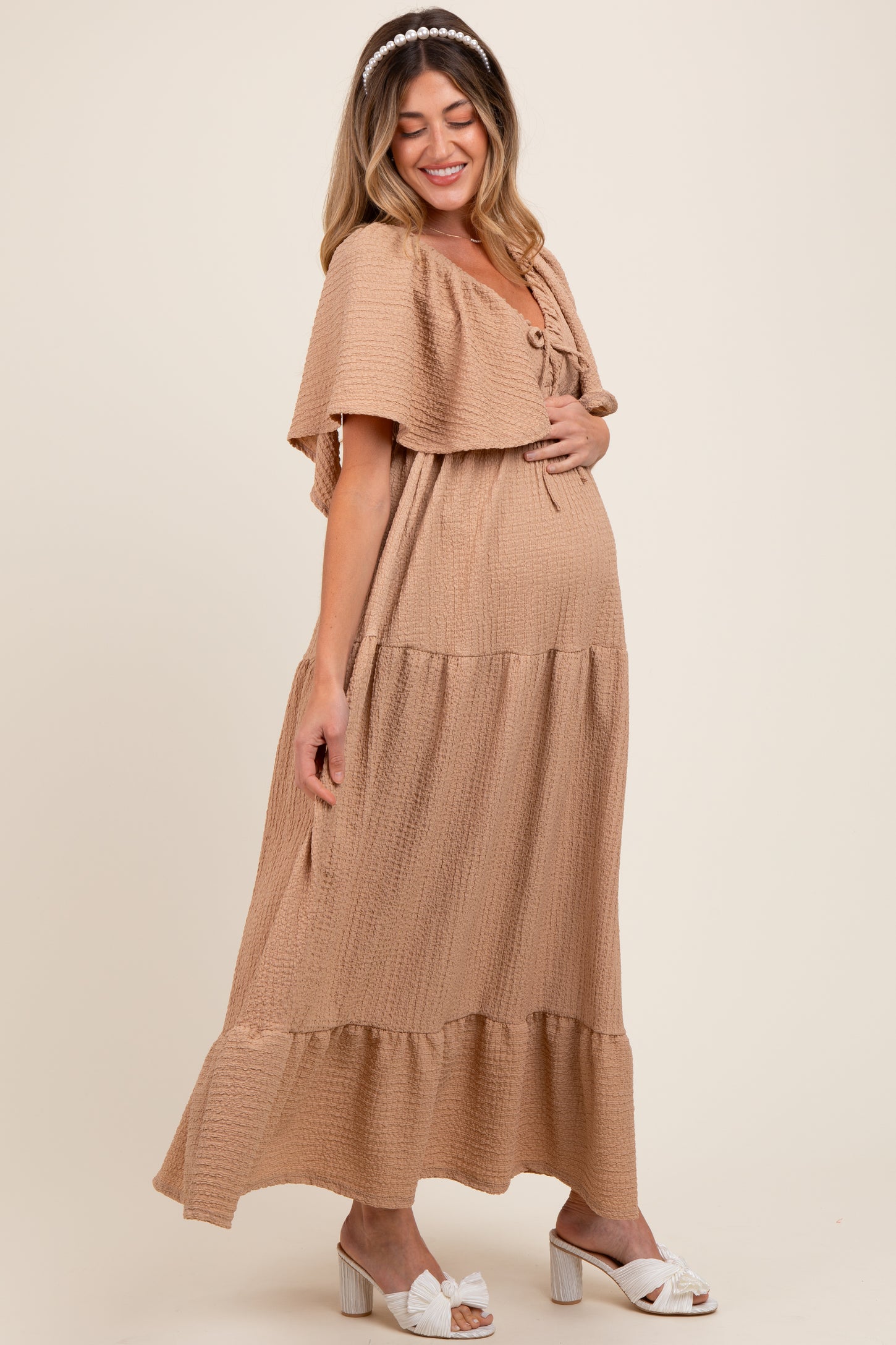 Taupe Woven Textured Flutter Sleeve V-Neck Tiered Maternity Maxi Dress