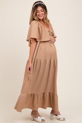 Taupe Woven Textured Flutter Sleeve V-Neck Tiered Maternity Maxi Dress