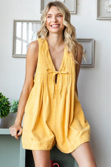 Yellow Deep V-Neck Pleated Front Tie Sleeveless Maternity Romper