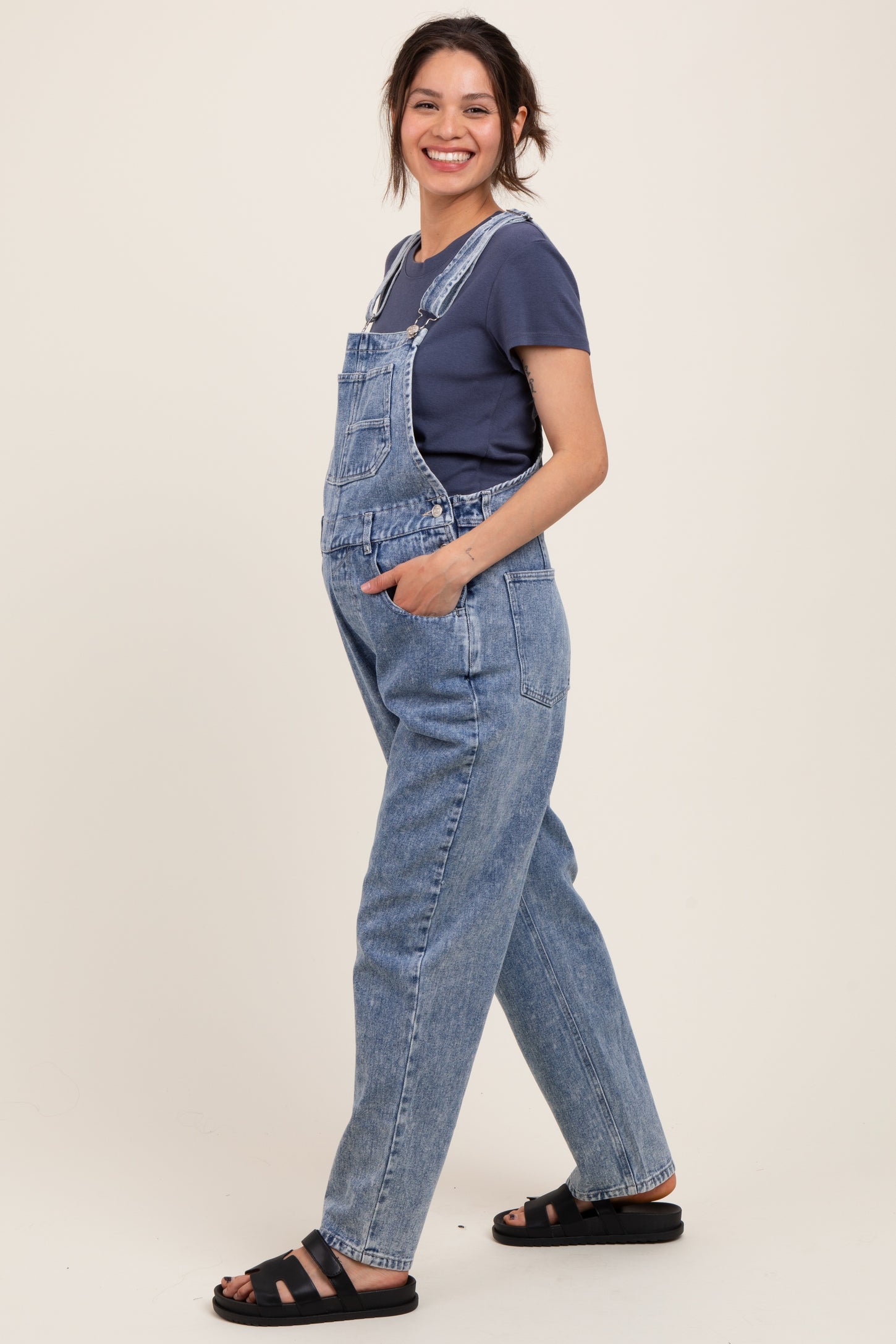 Light Blue Wash Rolled Cuff Maternity Denim Overalls