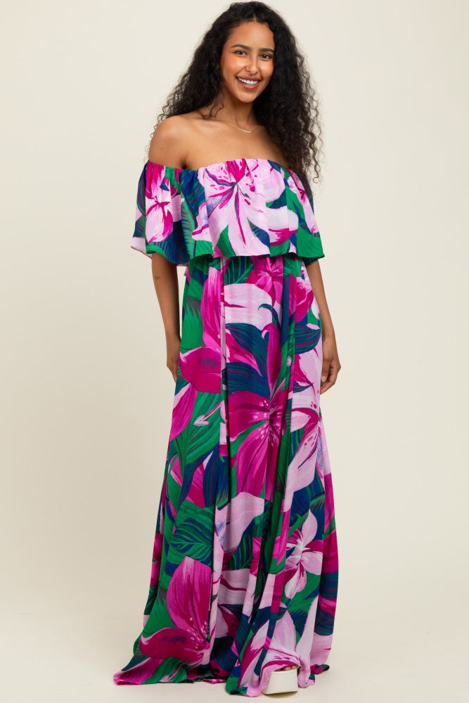 Purple Tropical Floral Off Shoulder Flounce Maxi Dress