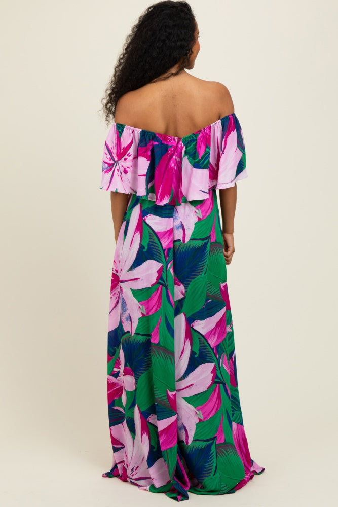 Purple Tropical Floral Off Shoulder Flounce Maxi Dress