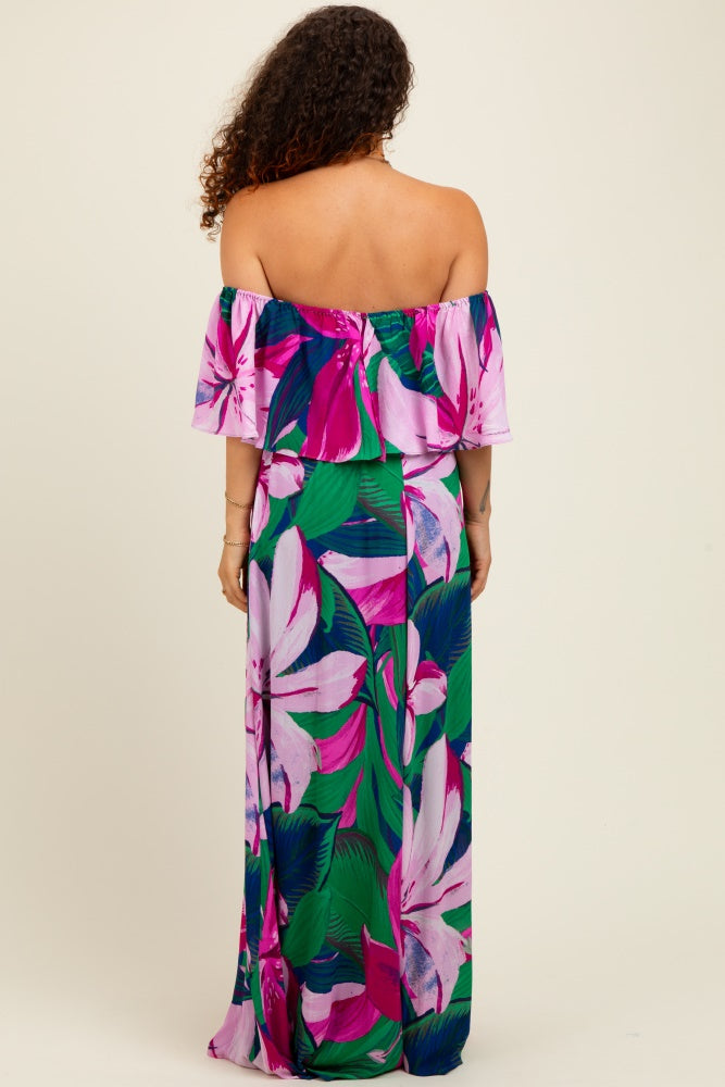 Purple Tropical Floral Off Shoulder Flounce Maternity Maxi Dress
