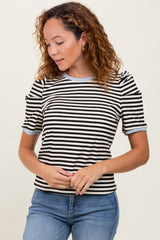 Black Striped Ribbed Puff Sleeve Maternity Top