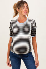 Black Striped Ribbed Puff Sleeve Maternity Top