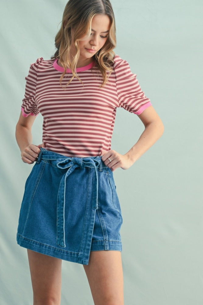 Burgundy Striped Ribbed Puff Sleeve Maternity Top