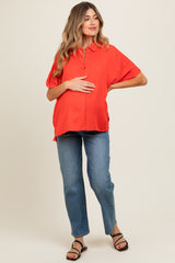 Red Dolman Sleeve Button Down Maternity Blouse