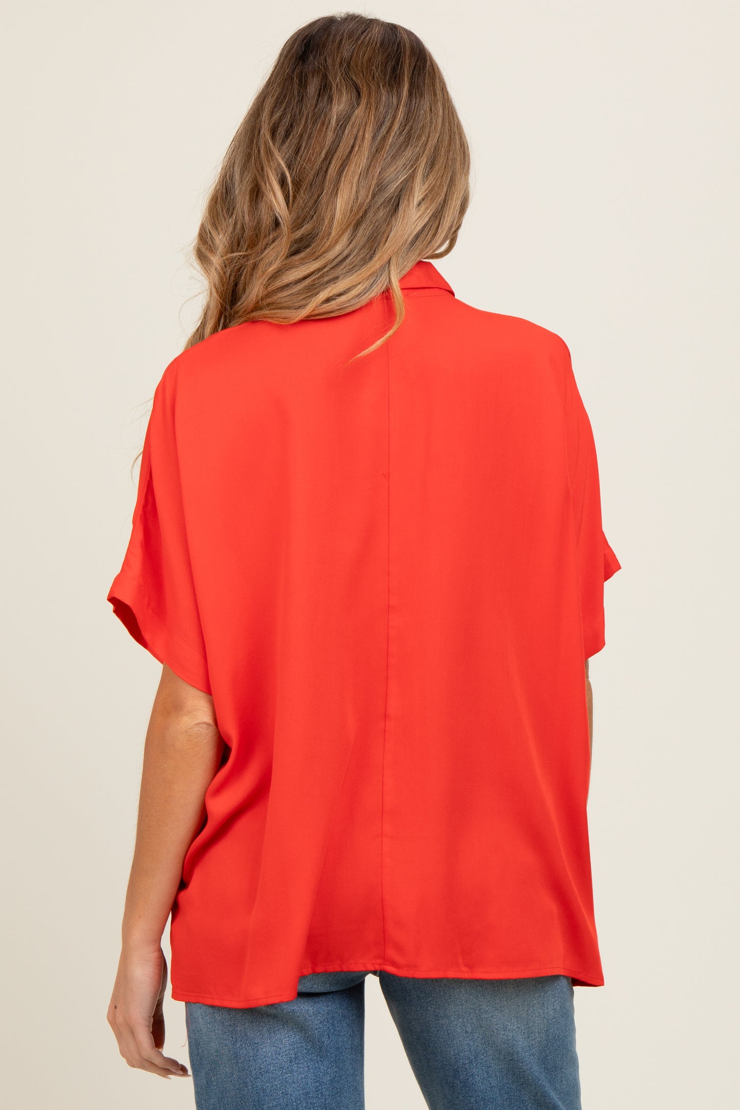 Red Dolman Sleeve Button Down Maternity Blouse