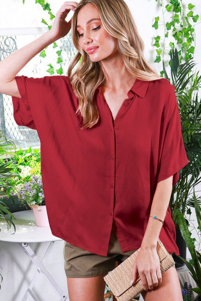 Burgundy Dolman Sleeve Button Down Blouse