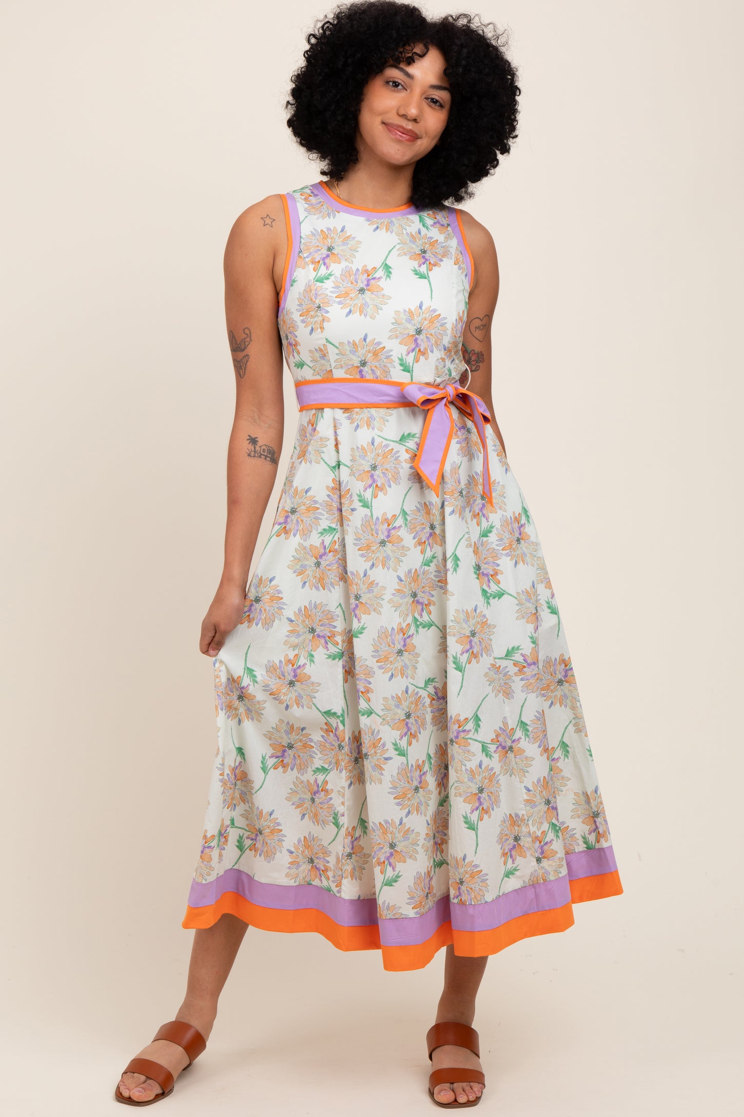 Orange Floral Sleeveless Sash Tie Midi Dress