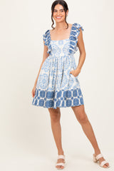 Blue Damask Ruffle Sleeve Mini Dress
