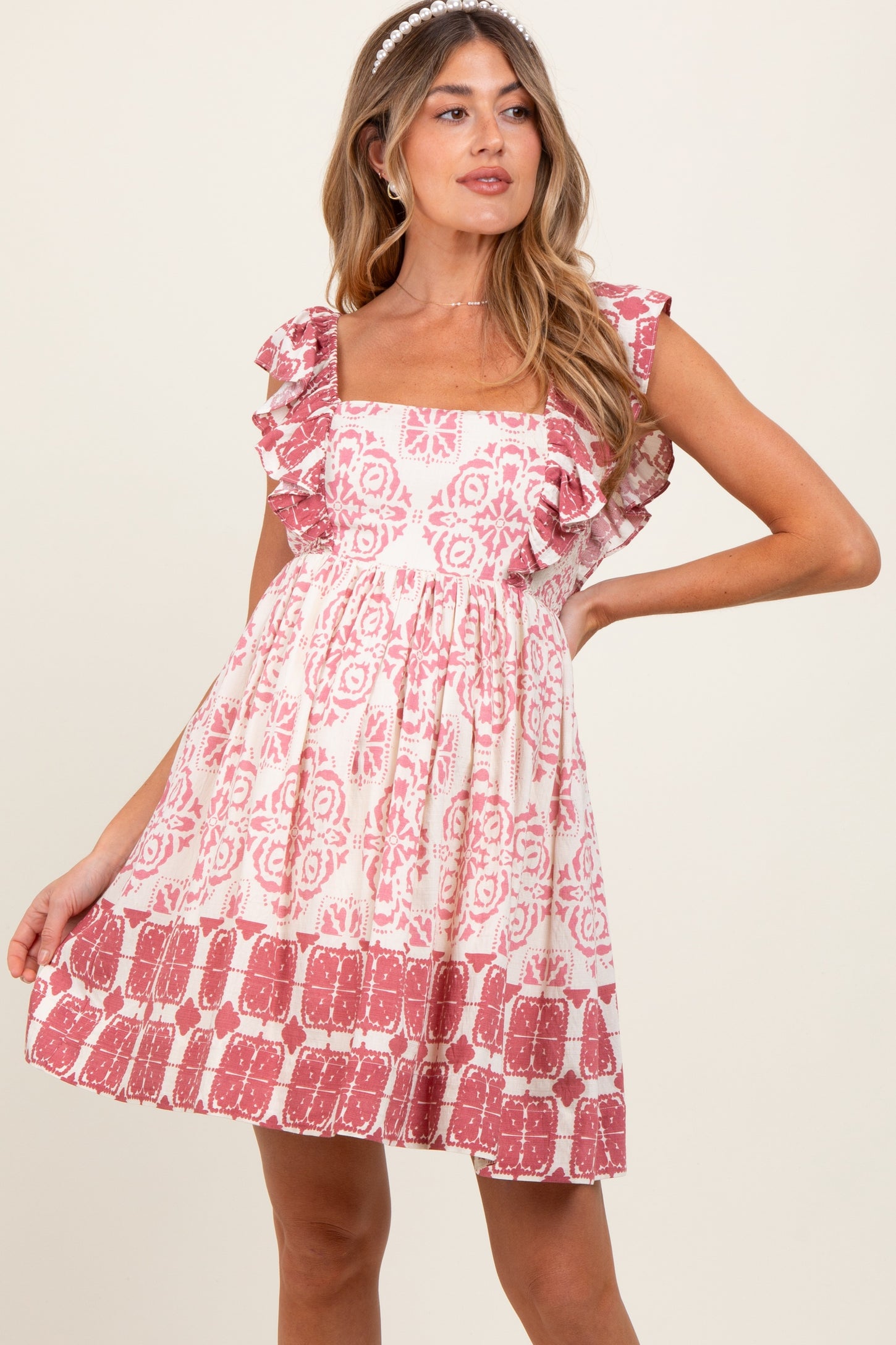 Mauve Damask Ruffle Sleeve Maternity Mini Dress