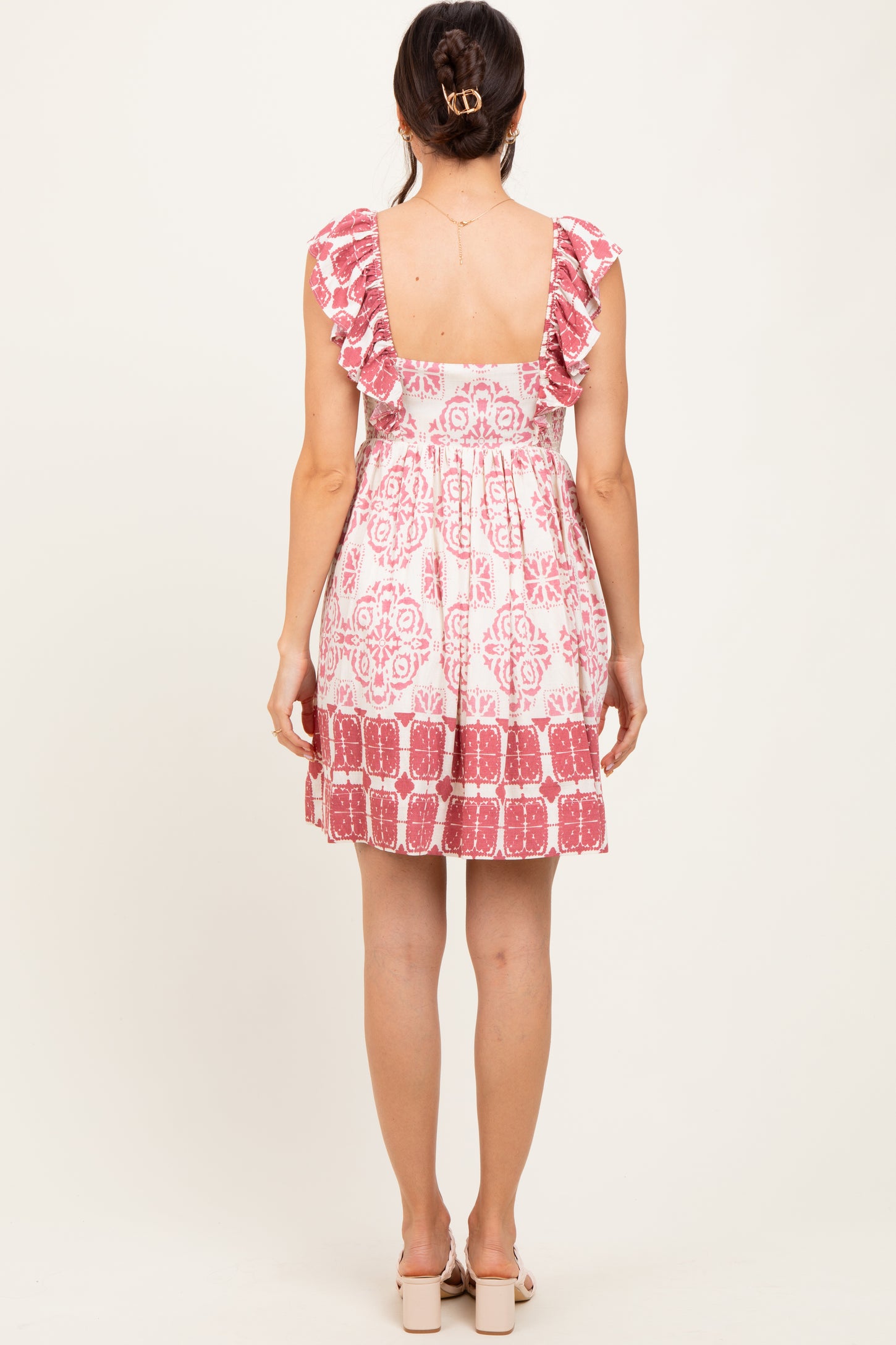 Mauve Damask Ruffle Sleeve Mini Dress