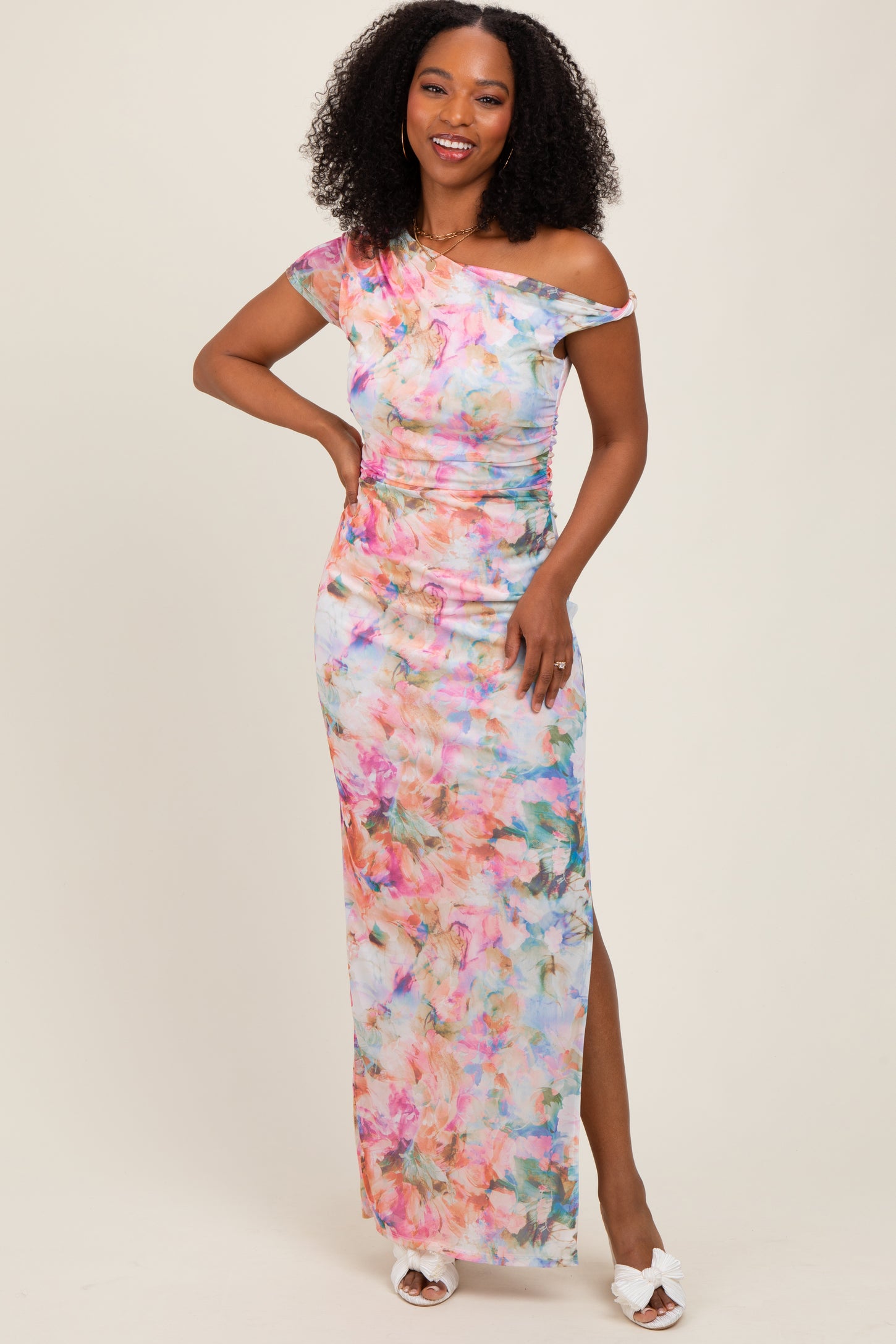 Floral One Shoulder Side Slit Maternity Maxi Dress